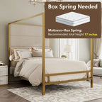 Metal Four-Poster Canopy Bed with Linen Headboard, Black & White / Gold & Tan, Queen & King