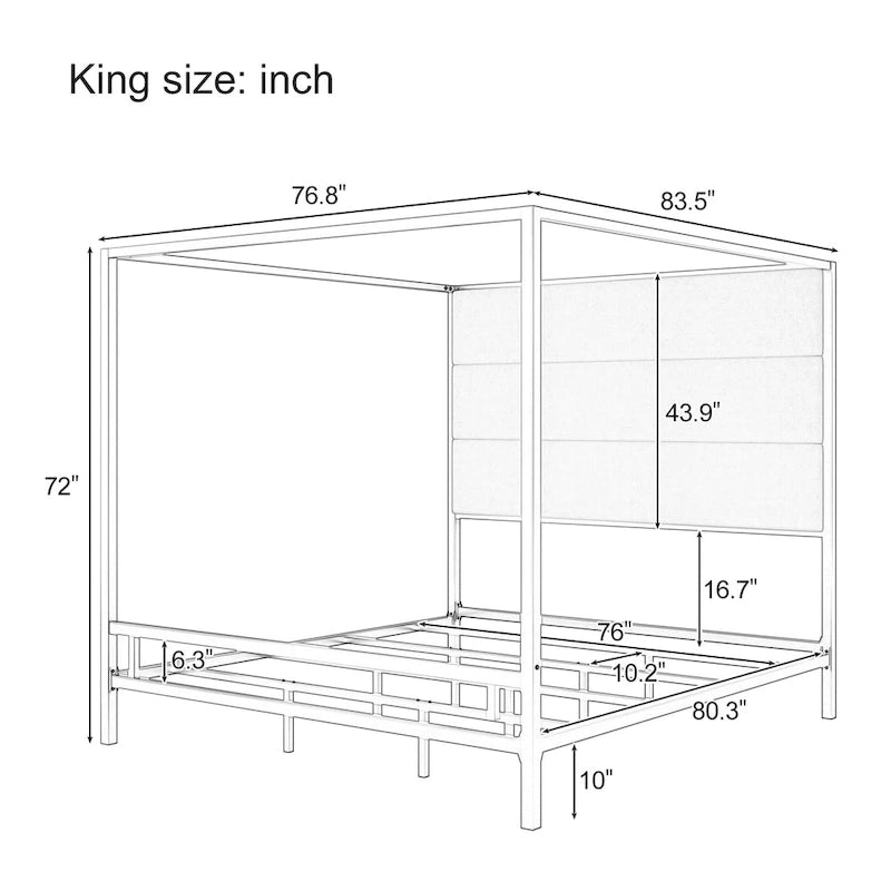 Metal Four-Poster Canopy Bed with Linen Headboard, Black & White / Gold & Tan, Queen & King