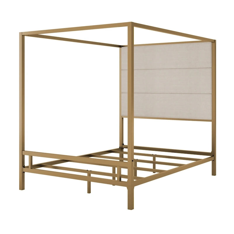 Metal Four-Poster Canopy Bed with Linen Headboard, Black & White / Gold & Tan, Queen & King