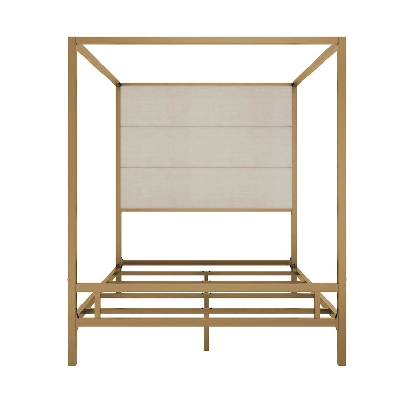 Metal Four-Poster Canopy Bed with Linen Headboard, Black & White / Gold & Tan, Queen & King