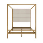 Metal Four-Poster Canopy Bed with Linen Headboard, Black & White / Gold & Tan, Queen & King