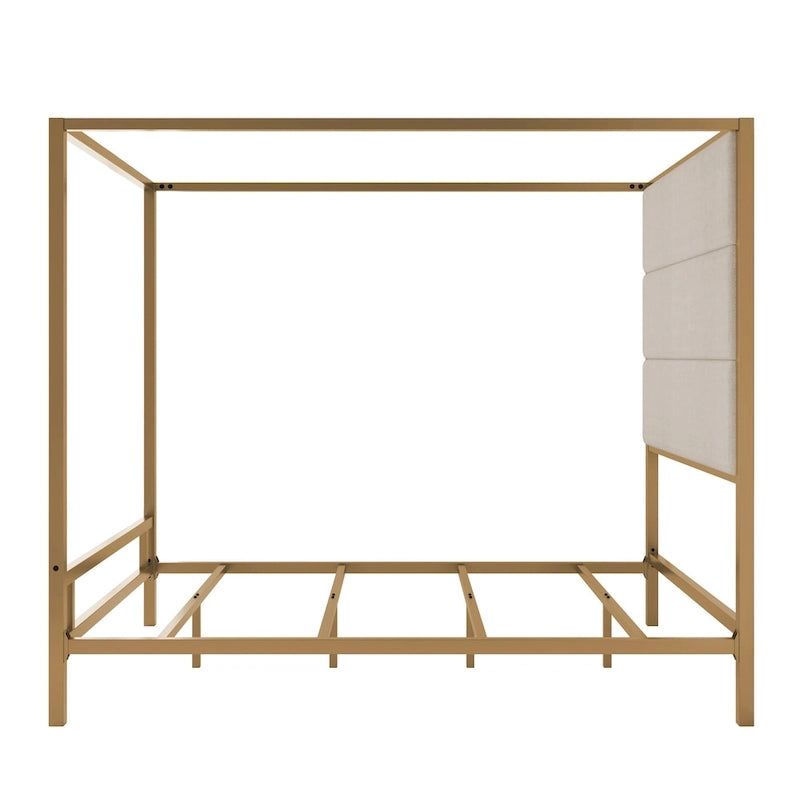 Metal Four-Poster Canopy Bed with Linen Headboard, Black & White / Gold & Tan, Queen & King