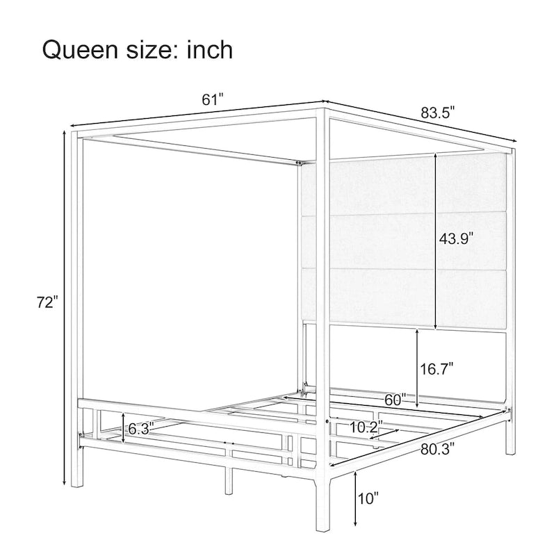 Metal Four-Poster Canopy Bed with Linen Headboard, Black & White / Gold & Tan, Queen & King