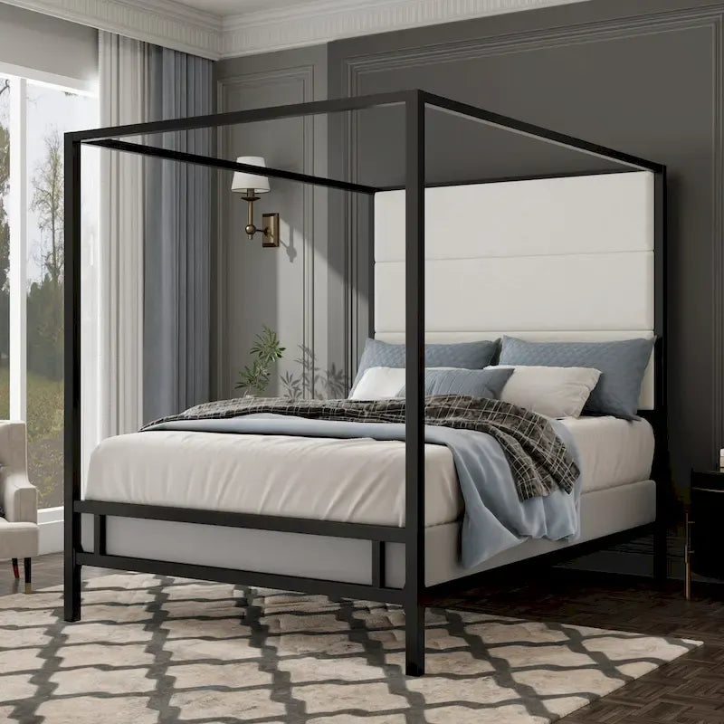 Metal Four-Poster Canopy Bed with Linen Headboard, Black & White / Gold & Tan, Queen & King