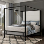 Metal Four-Poster Canopy Bed with Linen Headboard, Black & White / Gold & Tan, Queen & King