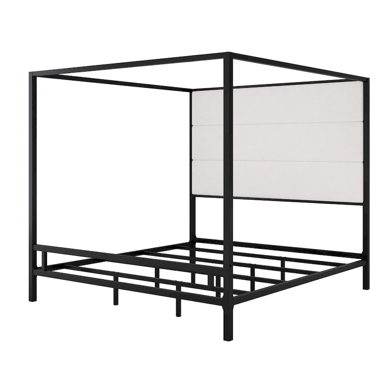 Metal Four-Poster Canopy Bed with Linen Headboard, Black & White / Gold & Tan, Queen & King