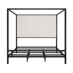 Metal Four-Poster Canopy Bed with Linen Headboard, Black & White / Gold & Tan, Queen & King