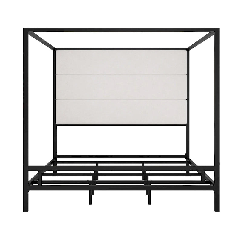 Metal Four-Poster Canopy Bed with Linen Headboard, Black & White / Gold & Tan, Queen & King