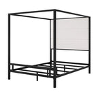 Metal Four-Poster Canopy Bed with Linen Headboard, Black & White / Gold & Tan, Queen & King