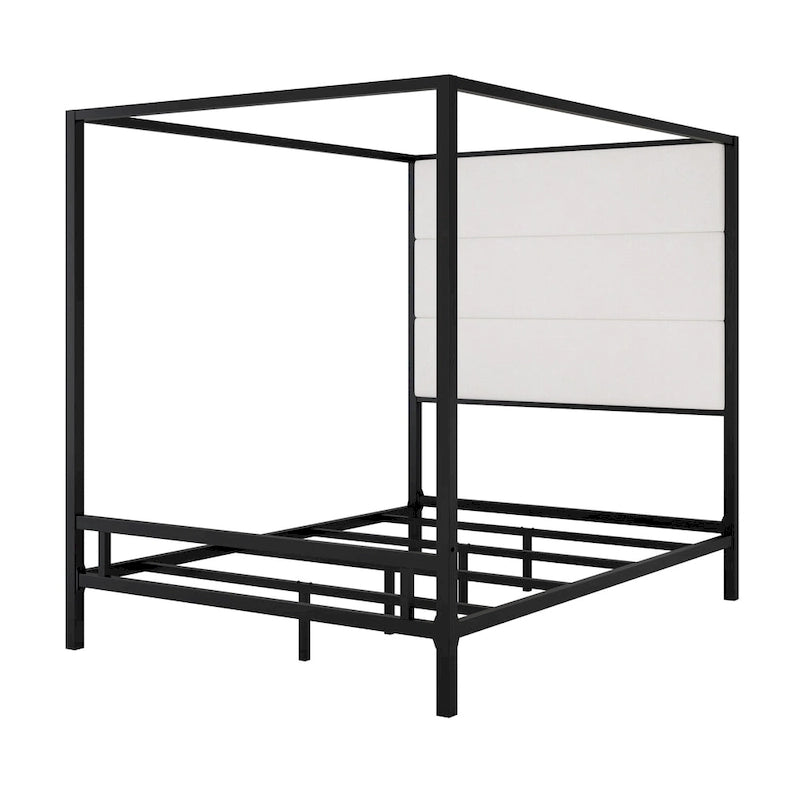 Metal Four-Poster Canopy Bed with Linen Headboard, Black & White / Gold & Tan, Queen & King