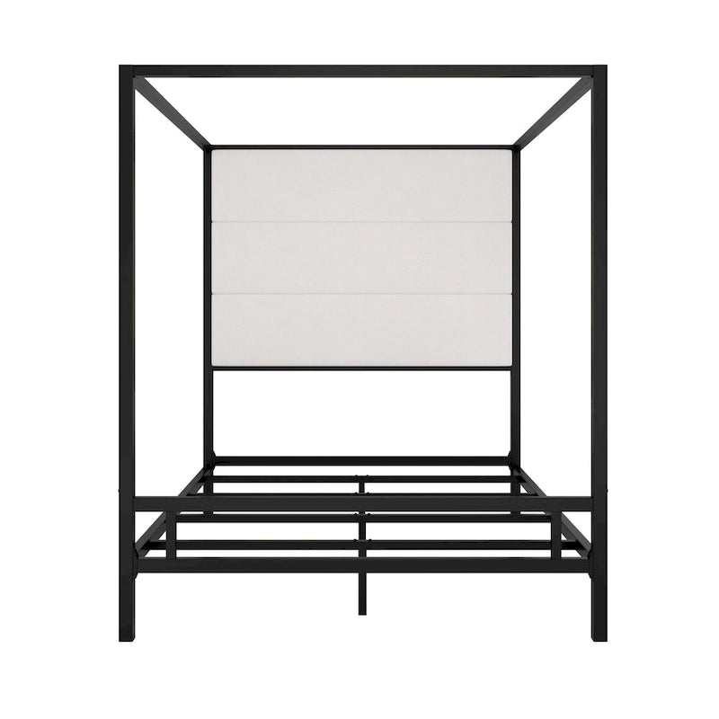 Metal Four-Poster Canopy Bed with Linen Headboard, Black & White / Gold & Tan, Queen & King