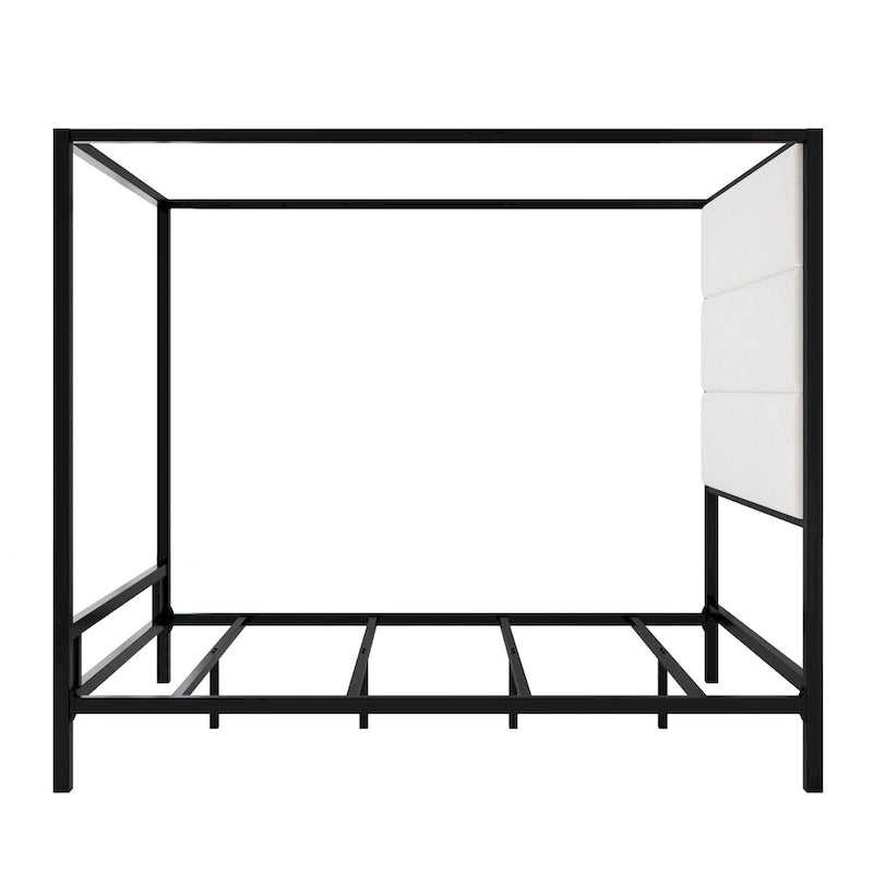 Metal Four-Poster Canopy Bed with Linen Headboard, Black & White / Gold & Tan, Queen & King