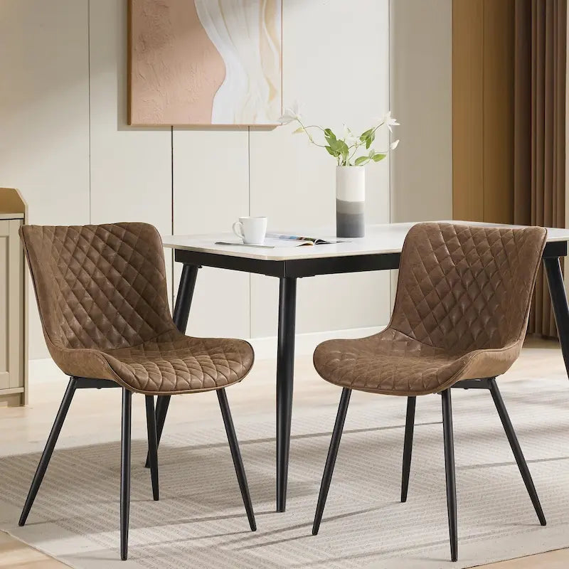 Bleu / Marron / Noir / Kaki – Chaise de salle à manger sans accoudoir en faux cuir à motif losanges et rayures, lot de 2