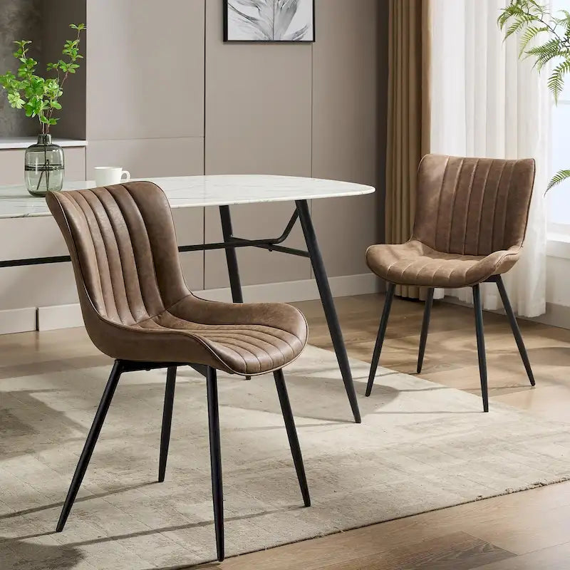 Bleu / Marron / Noir / Kaki – Chaise de salle à manger sans accoudoir en faux cuir à motif losanges et rayures, lot de 2