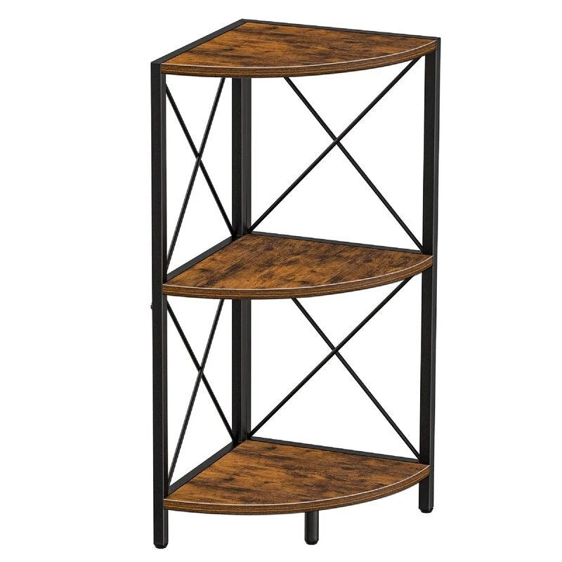 Rustic Brown / Grey / Black 3-Tier Fan-Shaped Corner Shelf with Metal Frame, 1-Person Use