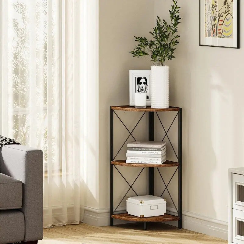 Rustic Brown / Grey / Black 3-Tier Fan-Shaped Corner Shelf with Metal Frame, 1-Person Use