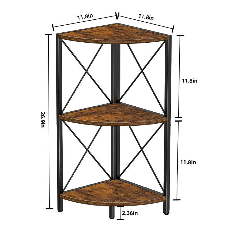 Rustic Brown / Grey / Black 3-Tier Fan-Shaped Corner Shelf with Metal Frame, 1-Person Use