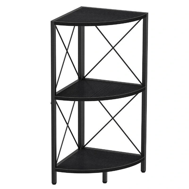 Rustic Brown / Grey / Black 3-Tier Fan-Shaped Corner Shelf with Metal Frame, 1-Person Use