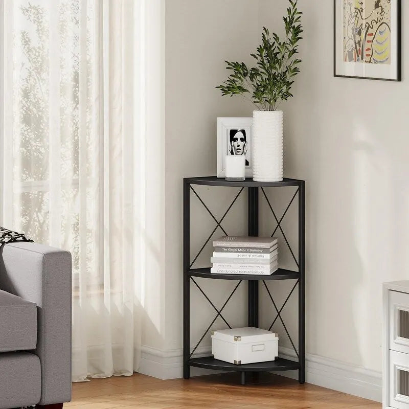 Rustic Brown / Grey / Black 3-Tier Fan-Shaped Corner Shelf with Metal Frame, 1-Person Use