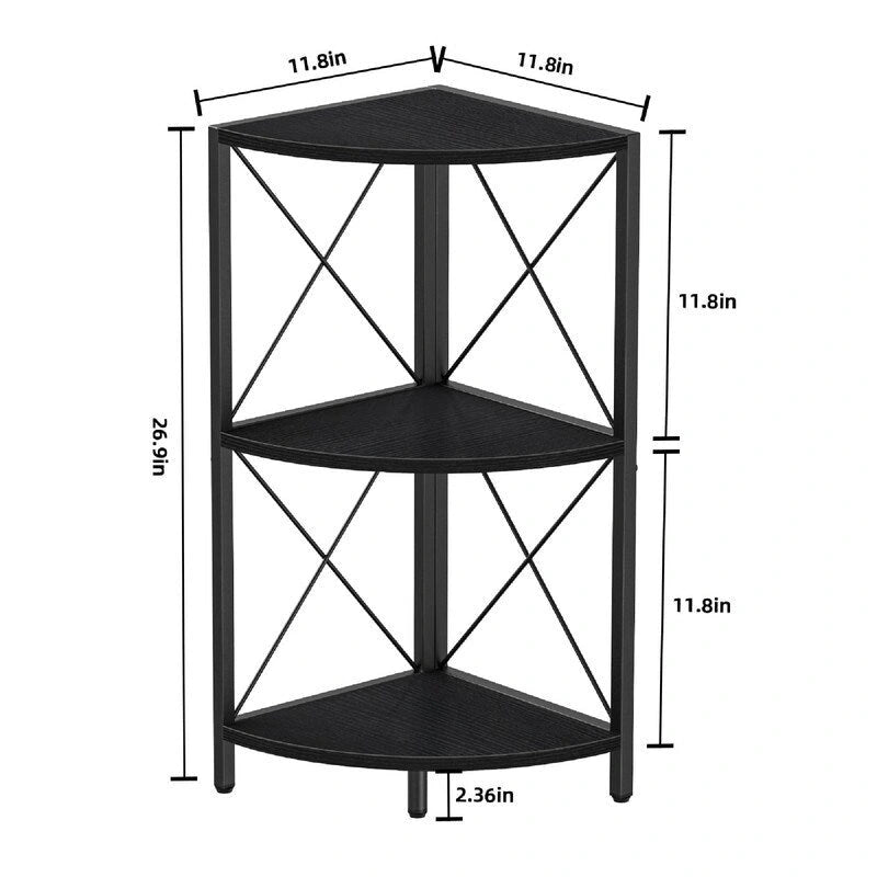 Rustic Brown / Grey / Black 3-Tier Fan-Shaped Corner Shelf with Metal Frame, 1-Person Use