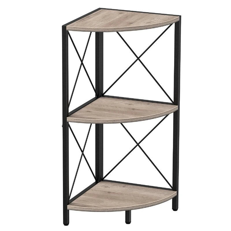 Rustic Brown / Grey / Black 3-Tier Fan-Shaped Corner Shelf with Metal Frame, 1-Person Use