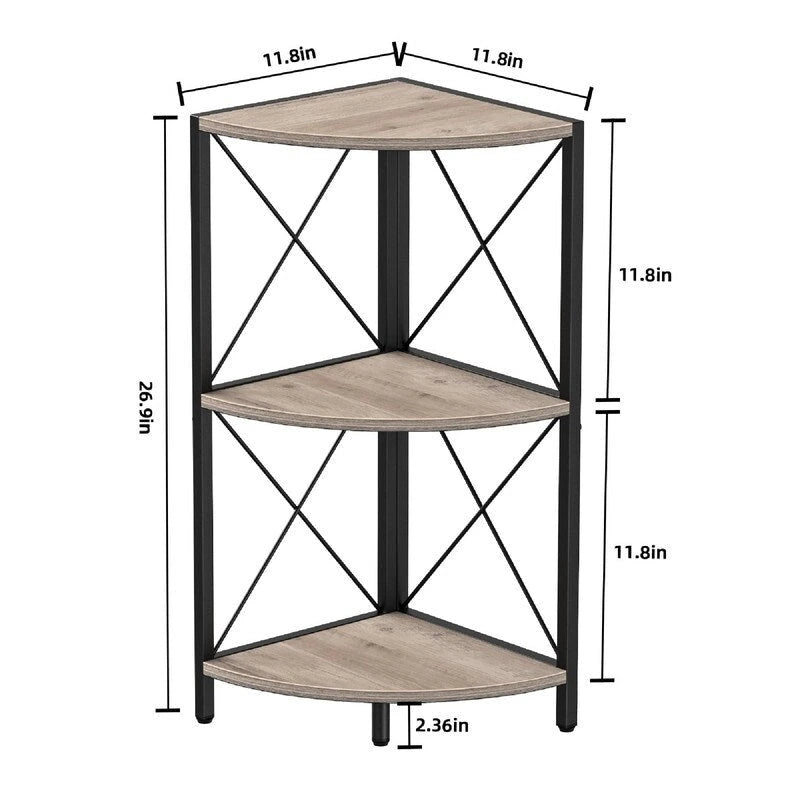 Rustic Brown / Grey / Black 3-Tier Fan-Shaped Corner Shelf with Metal Frame, 1-Person Use