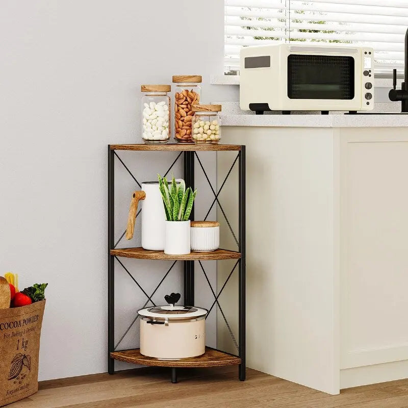 Rustic Brown / Grey / Black 3-Tier Fan-Shaped Corner Shelf with Metal Frame, 1-Person Use