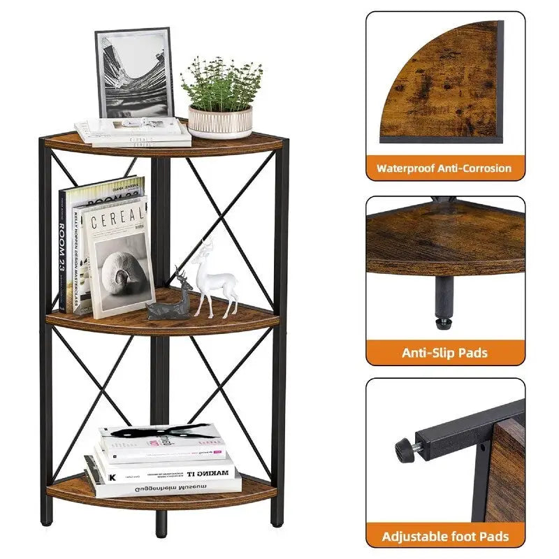 Rustic Brown / Grey / Black 3-Tier Fan-Shaped Corner Shelf with Metal Frame, 1-Person Use