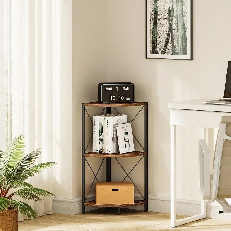 Rustic Brown / Grey / Black 3-Tier Fan-Shaped Corner Shelf with Metal Frame, 1-Person Use