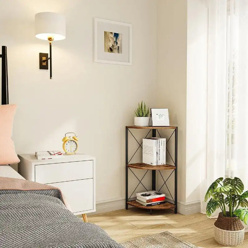 Rustic Brown / Grey / Black 3-Tier Fan-Shaped Corner Shelf with Metal Frame, 1-Person Use