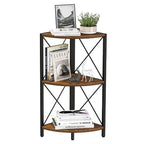 Rustic Brown / Grey / Black 3-Tier Fan-Shaped Corner Shelf with Metal Frame, 1-Person Use
