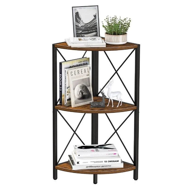 Rustic Brown / Grey / Black 3-Tier Fan-Shaped Corner Shelf with Metal Frame, 1-Person Use