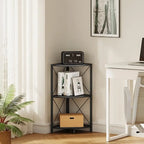 Rustic Brown / Grey / Black 3-Tier Fan-Shaped Corner Shelf with Metal Frame, 1-Person Use