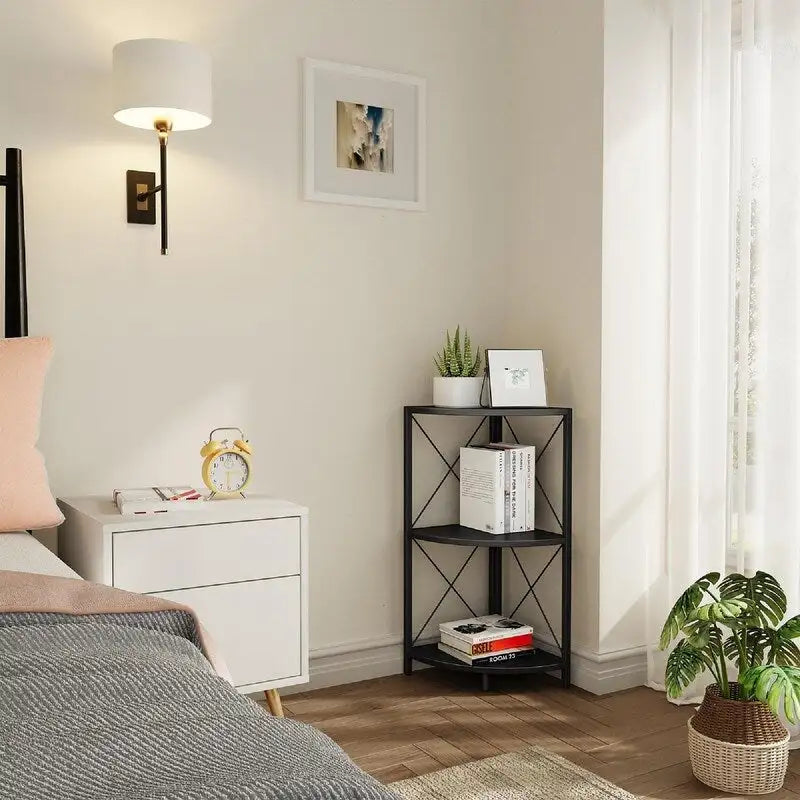 Rustic Brown / Grey / Black 3-Tier Fan-Shaped Corner Shelf with Metal Frame, 1-Person Use