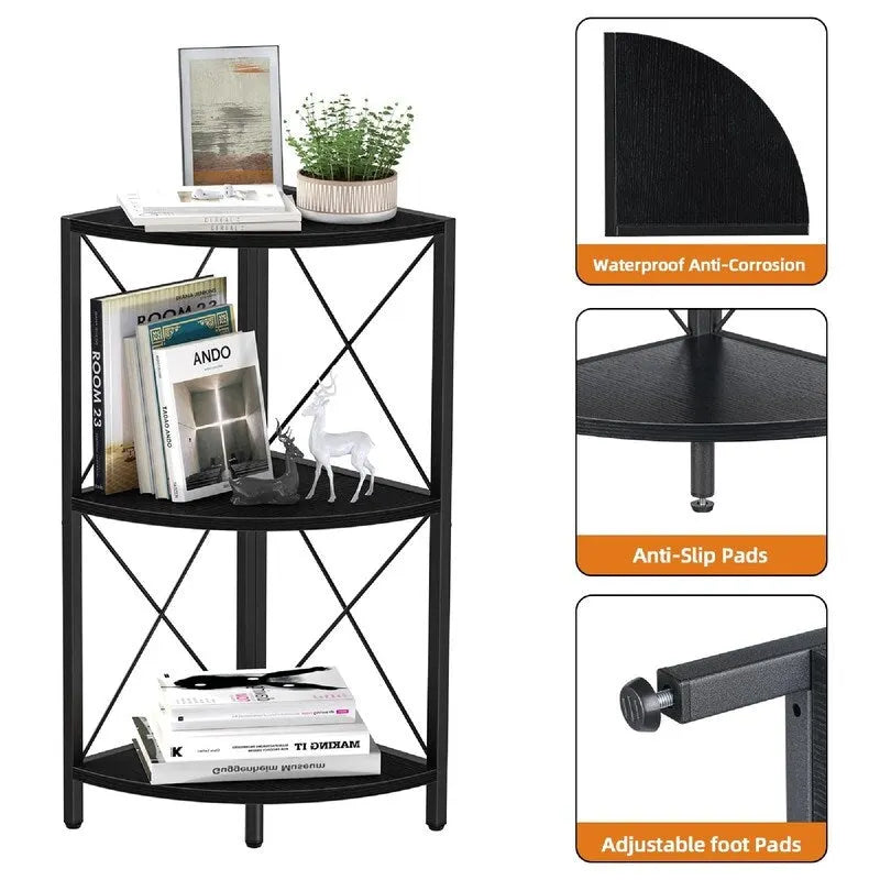 Rustic Brown / Grey / Black 3-Tier Fan-Shaped Corner Shelf with Metal Frame, 1-Person Use