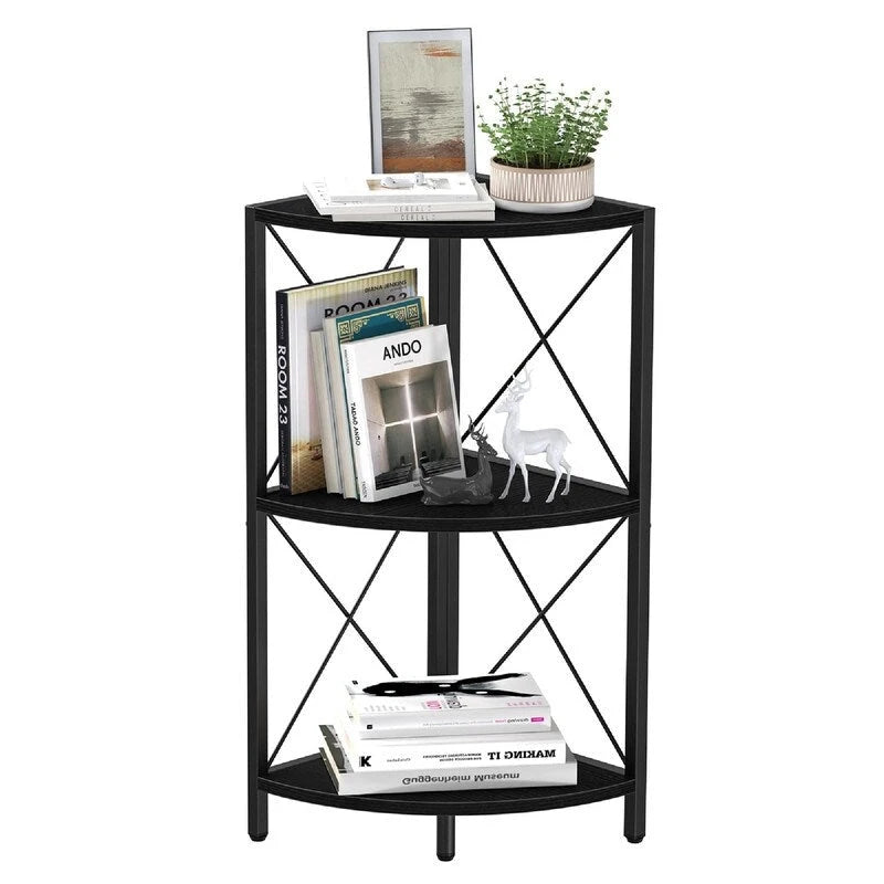 Rustic Brown / Grey / Black 3-Tier Fan-Shaped Corner Shelf with Metal Frame, 1-Person Use