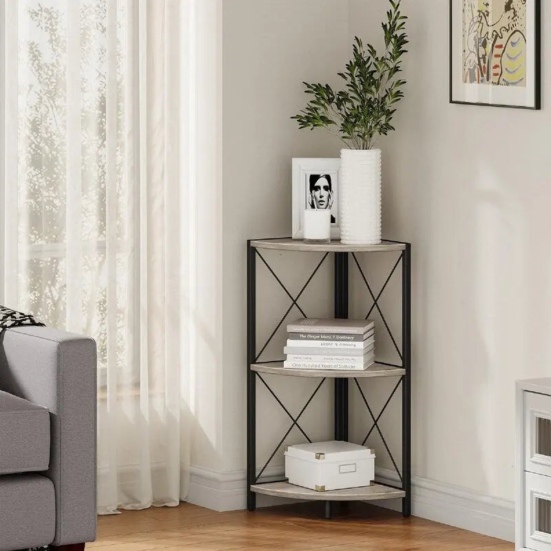Rustic Brown / Grey / Black 3-Tier Fan-Shaped Corner Shelf with Metal Frame, 1-Person Use