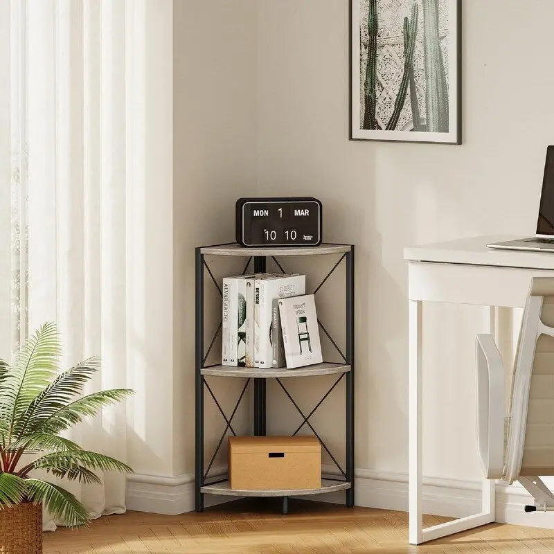 Rustic Brown / Grey / Black 3-Tier Fan-Shaped Corner Shelf with Metal Frame, 1-Person Use