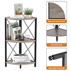 Rustic Brown / Grey / Black 3-Tier Fan-Shaped Corner Shelf with Metal Frame, 1-Person Use