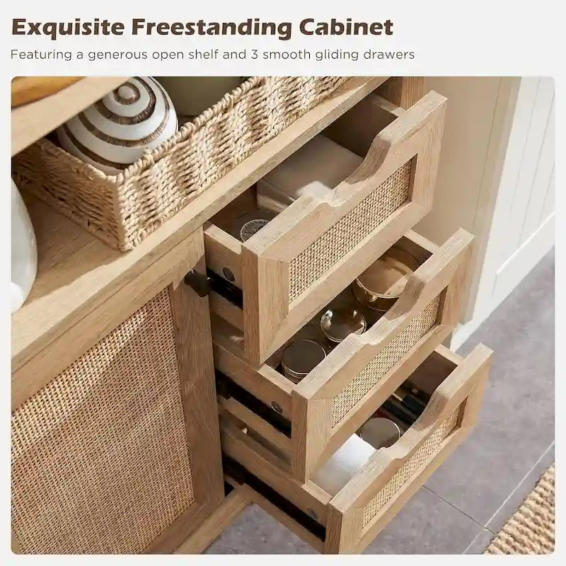 Natural Oak Rattan Bathroom Storage Cabinet, Mid-Century Modern Style, Single