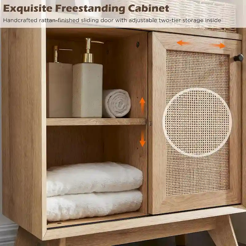 Natural Oak Rattan Bathroom Storage Cabinet, Mid-Century Modern Style, Single