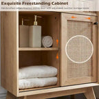 Natural Oak Rattan Bathroom Storage Cabinet, Mid-Century Modern Style, Single