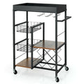 Rustic Brown & Black 4-Tier Rolling Kitchen Cart with Wine Rack