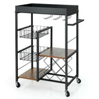 Rustic Brown & Black 4-Tier Rolling Kitchen Cart with Wine Rack