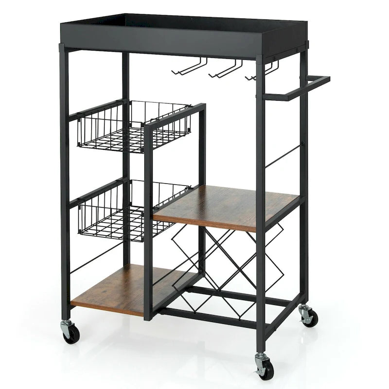 Rustic Brown & Black 4-Tier Rolling Kitchen Cart with Wine Rack