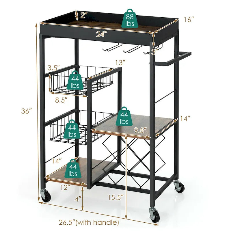 Rustic Brown & Black 4-Tier Rolling Kitchen Cart with Wine Rack