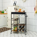 Rustic Brown & Black 4-Tier Rolling Kitchen Cart with Wine Rack