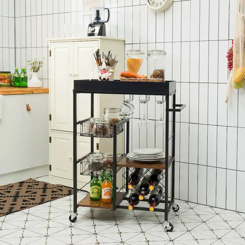 Rustic Brown & Black 4-Tier Rolling Kitchen Cart with Wine Rack