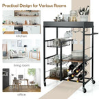 Rustic Brown & Black 4-Tier Rolling Kitchen Cart with Wine Rack