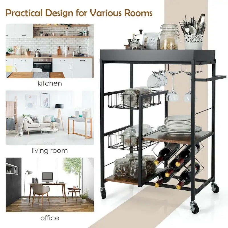 Rustic Brown & Black 4-Tier Rolling Kitchen Cart with Wine Rack